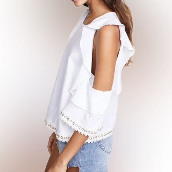 MISA Los Angeles Linen Blend Cold Shoulder Metal Rivet Eyelet Ruffle Blouse XS - Picture 14 of 15